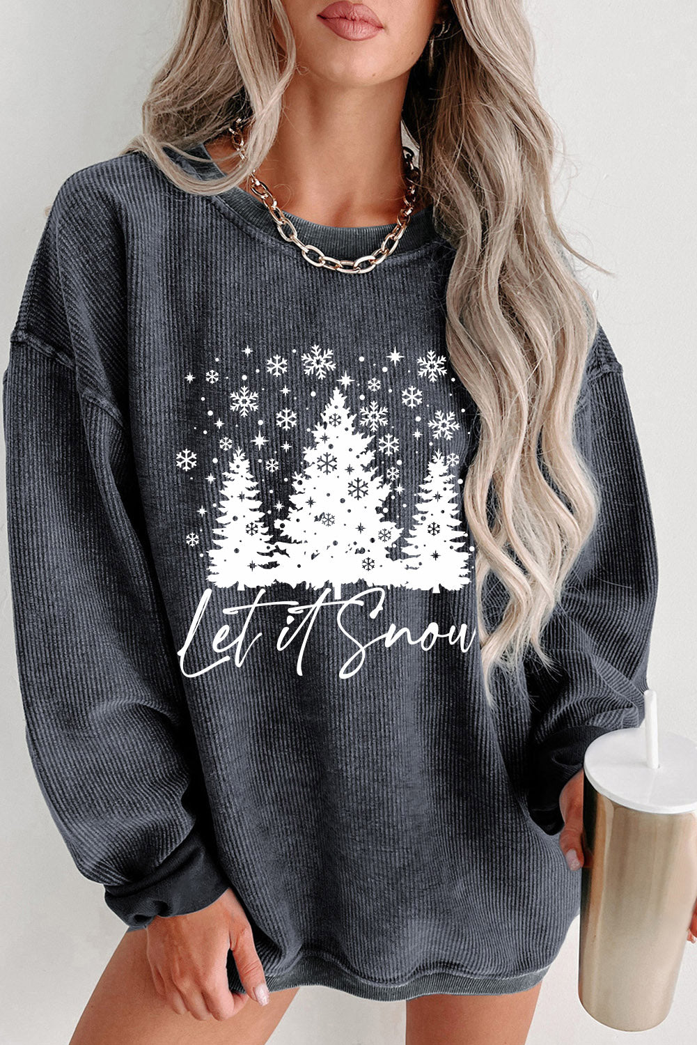 Gray Christmas Tree Flake Graphic Corded Sweatshirt