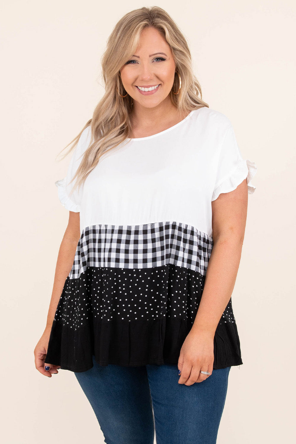 Plaid Dot Ruffled Plus Size Babydoll Top