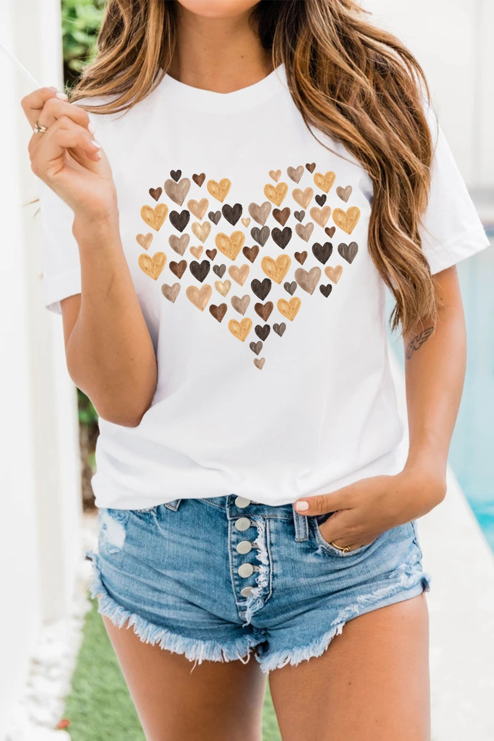 Valentines Day Heart Shaped Print Crew Neck Graphic Tee