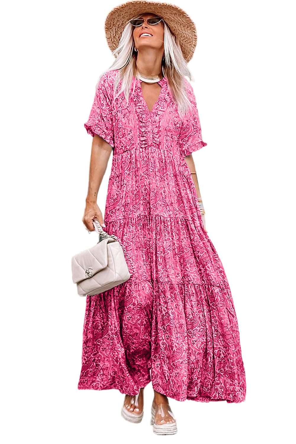 Paisley Print Boho Holiday Ruffle Tiered Maxi Dress