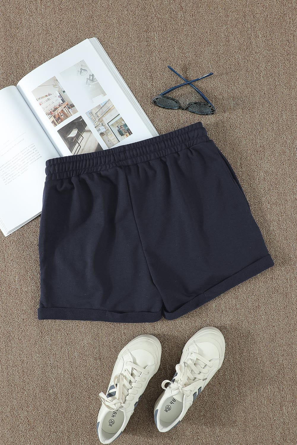 Blue Tie Waist Side Pockets Cuffed Lounge Shorts