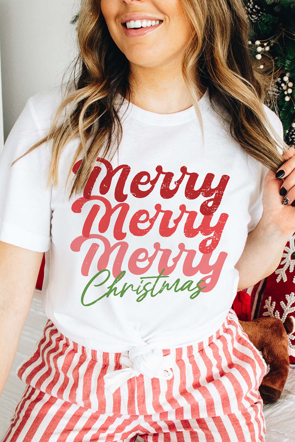 White Merry Christmas Crew Neck Graphic Tee