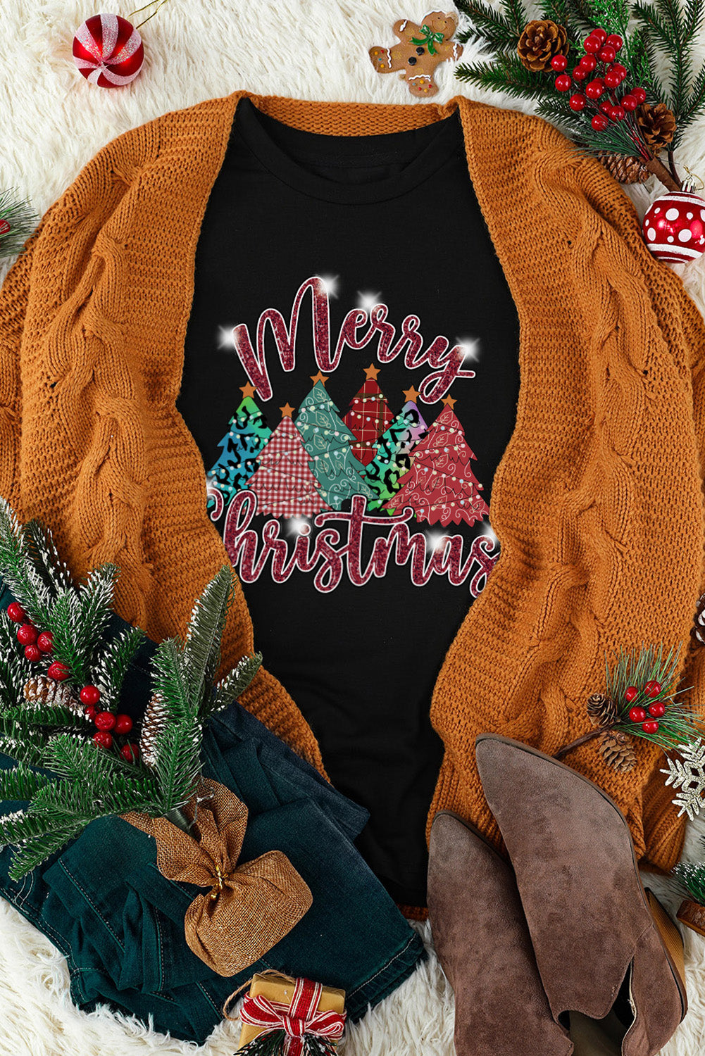 Merry Christmas Tree Pattern Graphic Tee