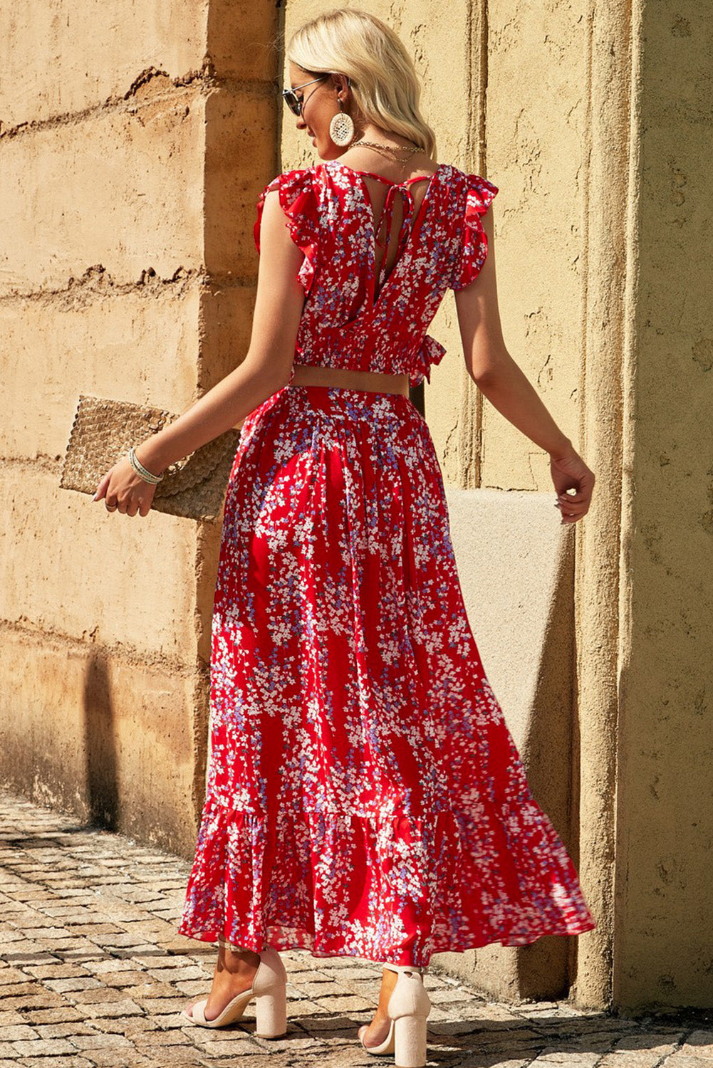 Multicolor Floral Ruffled Crop Top and Maxi Skirt Set