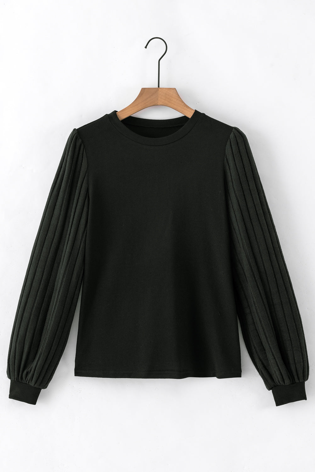 Black Contrast Ribbed Bishop Sleeve Top