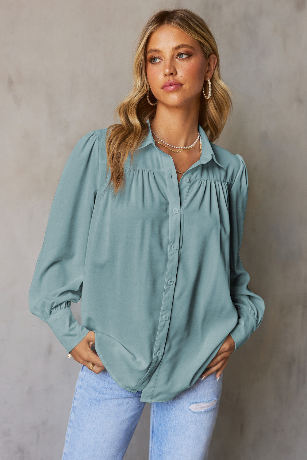 Khaki Solid Button-up Loose Long Sleeve Shirt