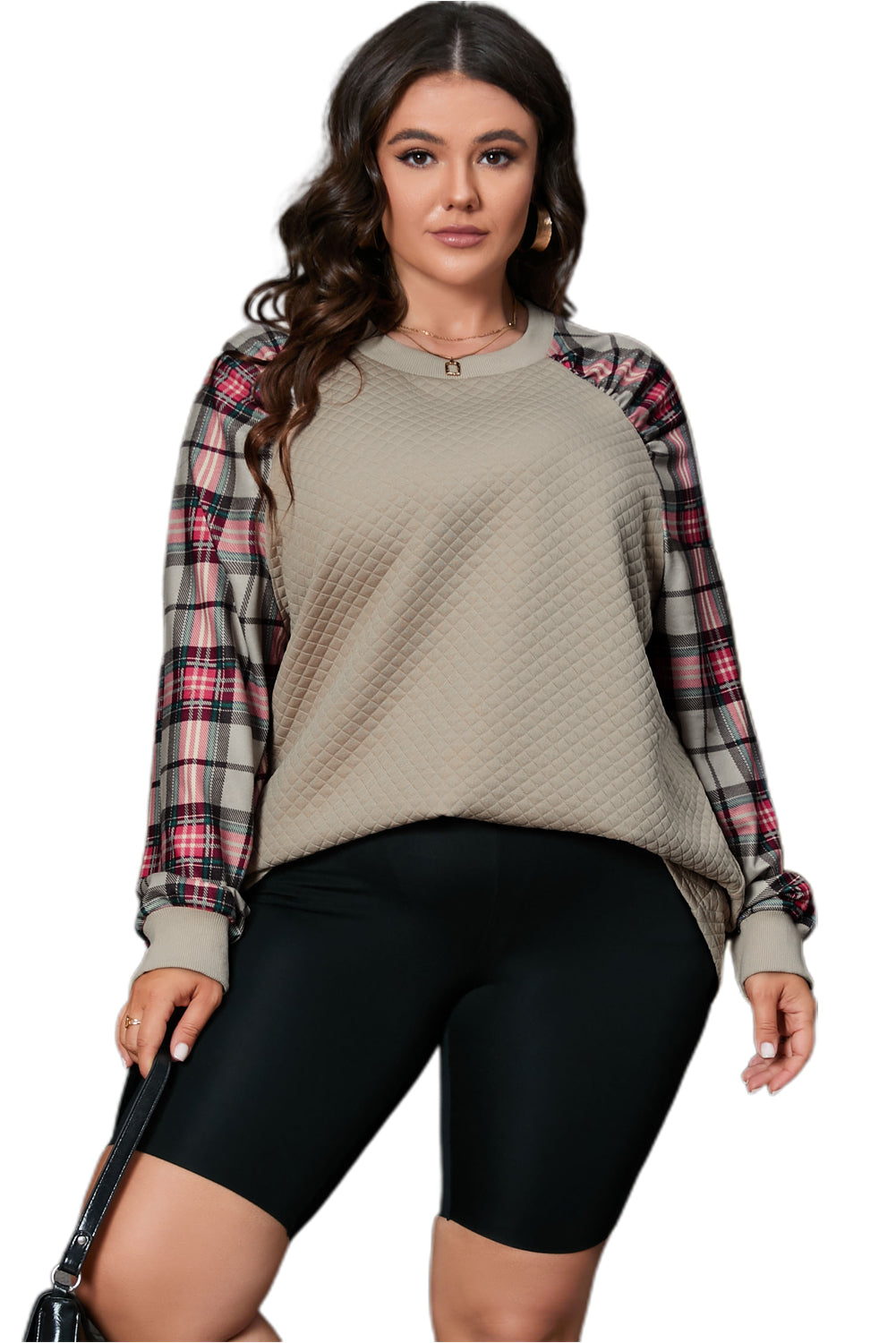 Apricot Plus Size Plaid Raglan Sleeve Crew Neck Sweatshirt