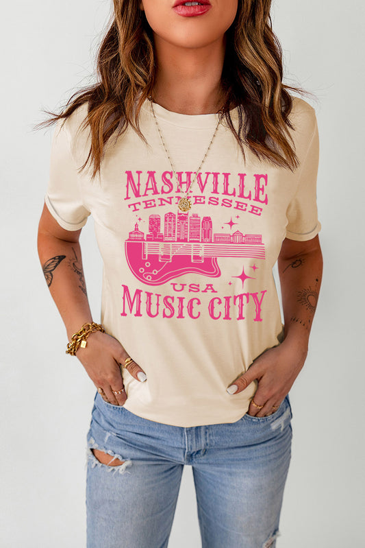 Khaki Nashville Music City Graphic Print Short Sleeve T Shirt