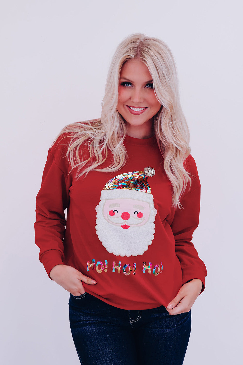 Fiery Red HO HO HO Sequined Santa Claus Sweatshirt