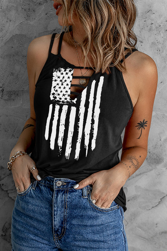 American Flag Print Cut Out Spaghetti Strap Tank Top