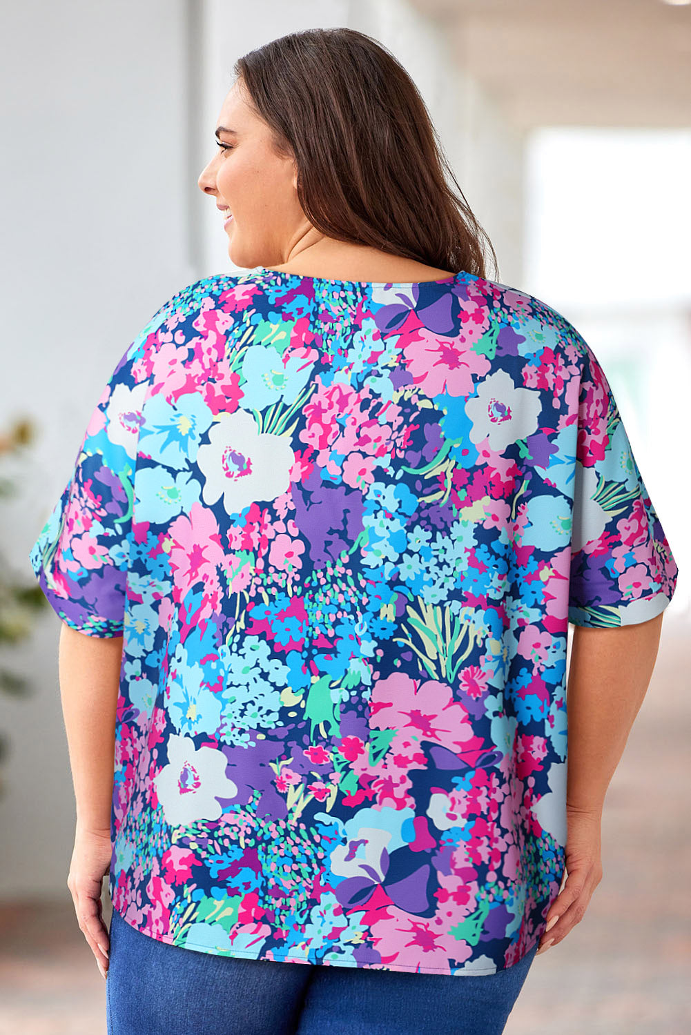 Multicolor V Neck Dolman Sleeve Plus Size Floral Blouse