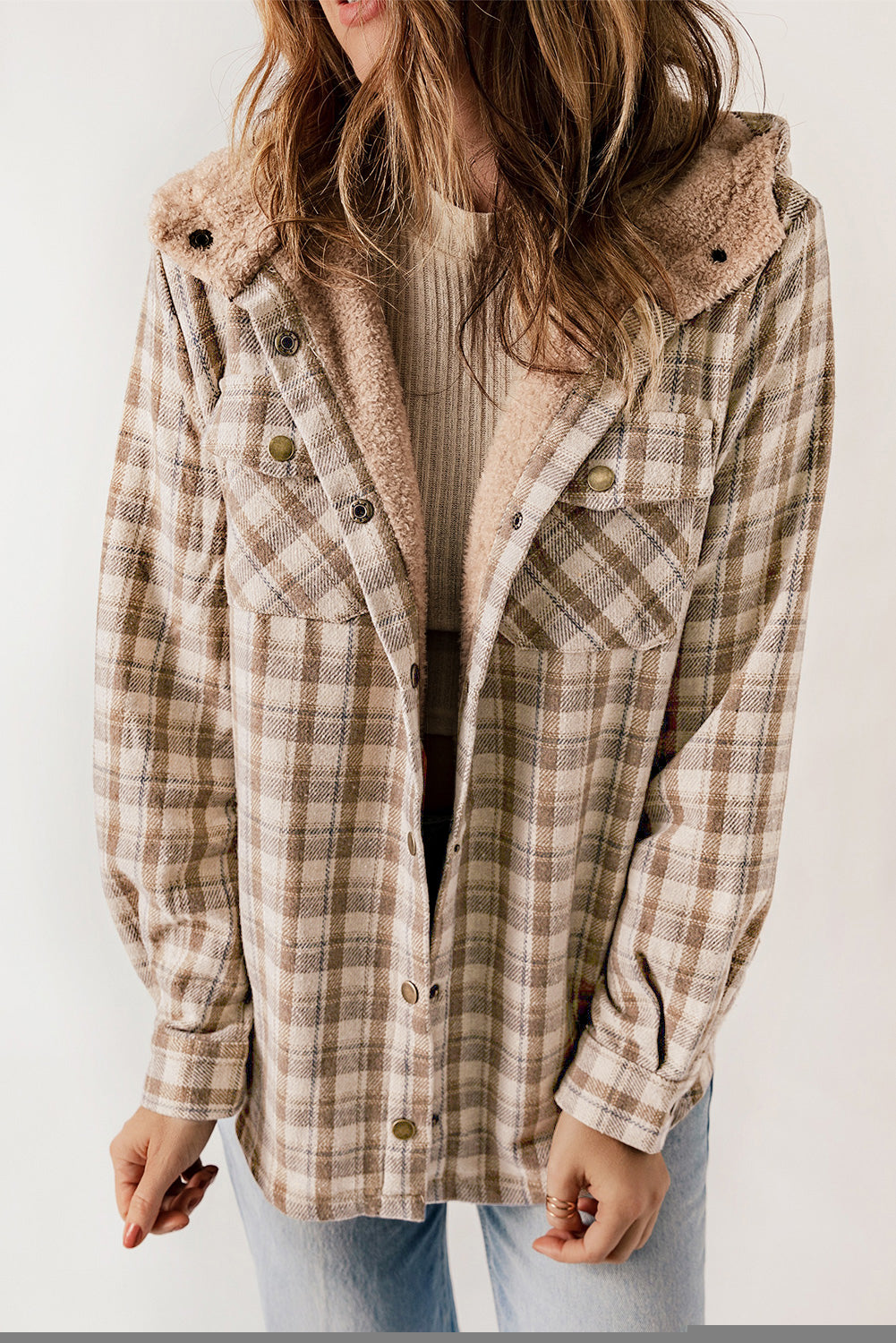 Blue Plaid Pattern Sherpa Lined Hooded Shacket