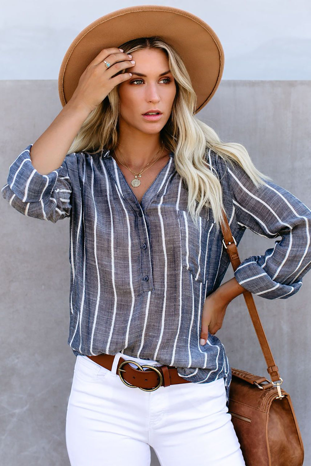 Multicolor Striped V Neck Pocket Long Sleeve Top