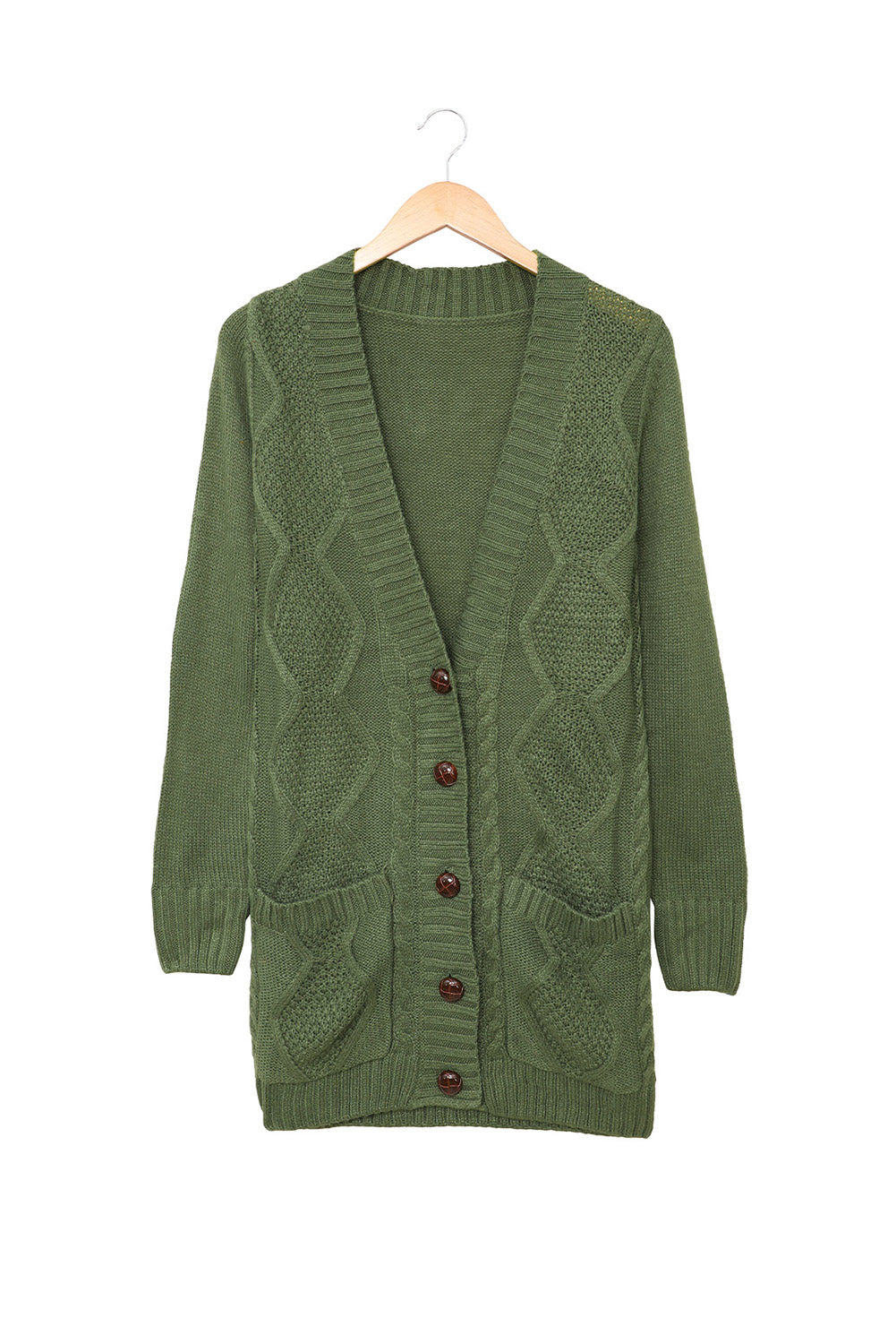 Green Front Pocket and Buttons Closure Cardigan