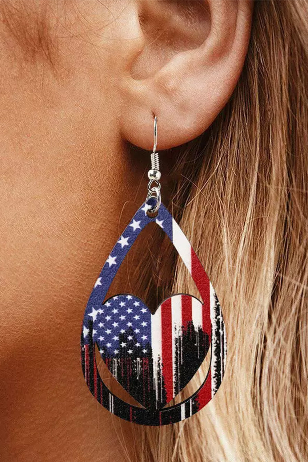 Multicolor American Flag Heart Hollow Out Water Drop Earrings