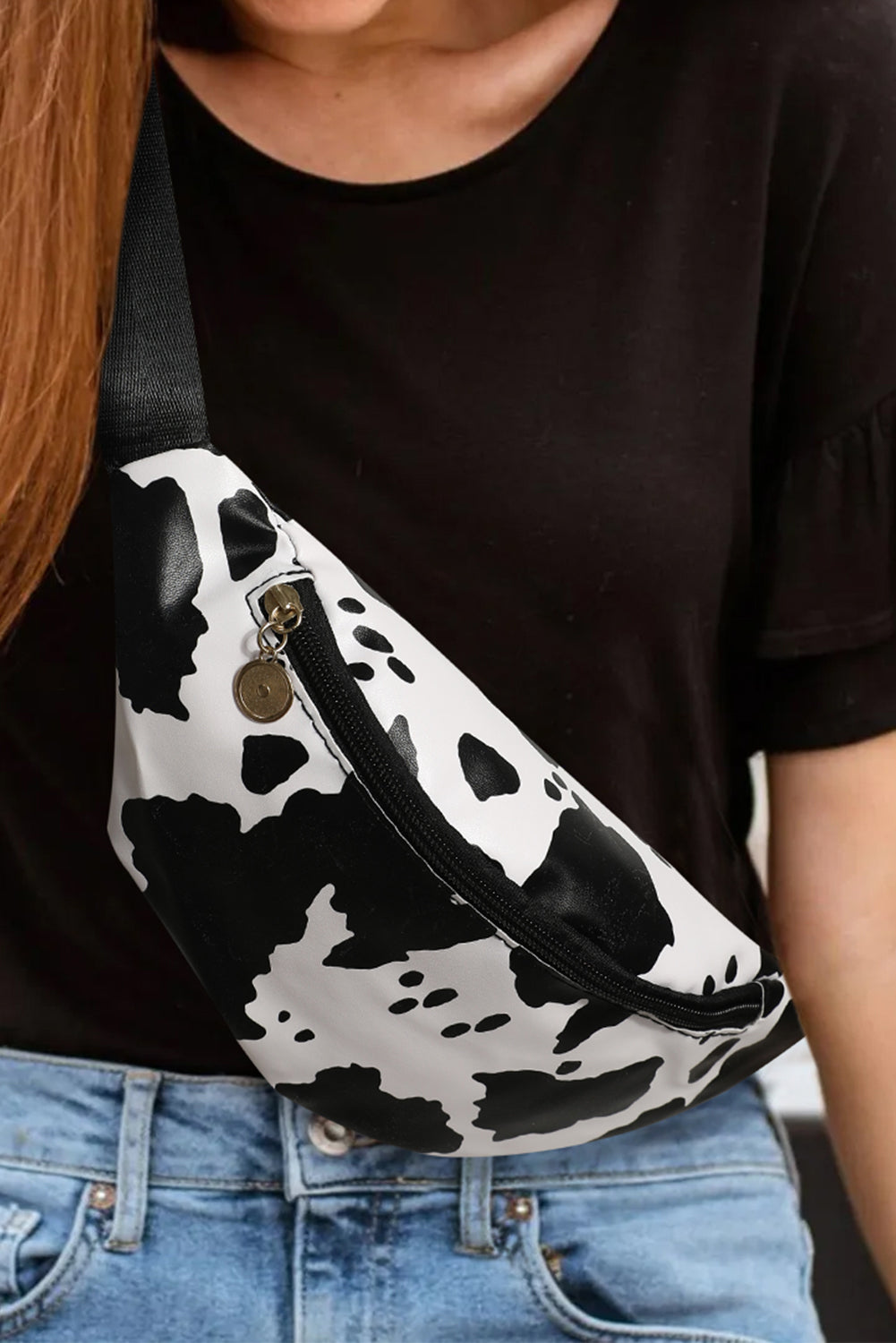 Black Animal Spots Printed Zipped Wide Strap Bag