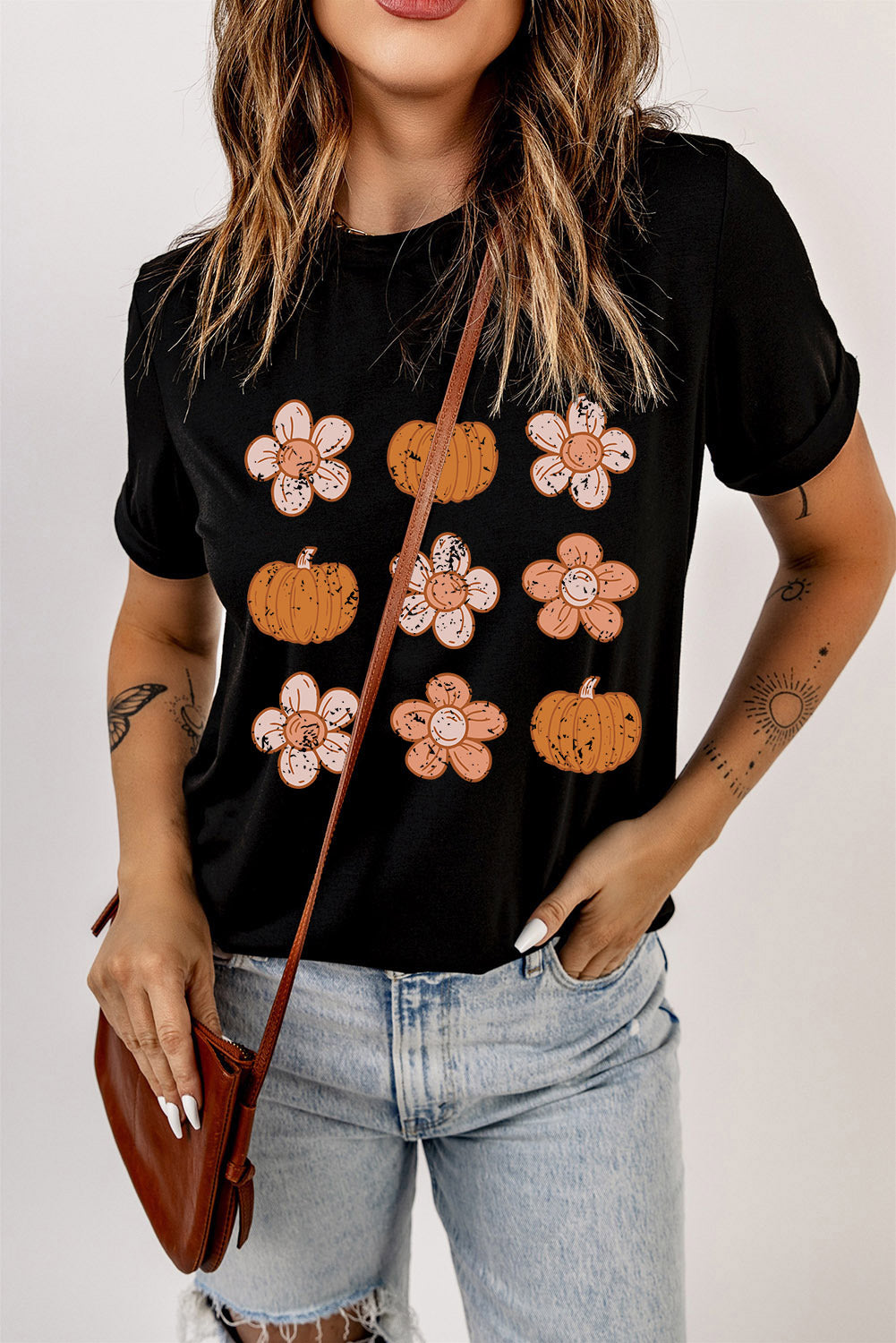 Pumpkin Flower Print Short Sleeve Graphic T Shirt