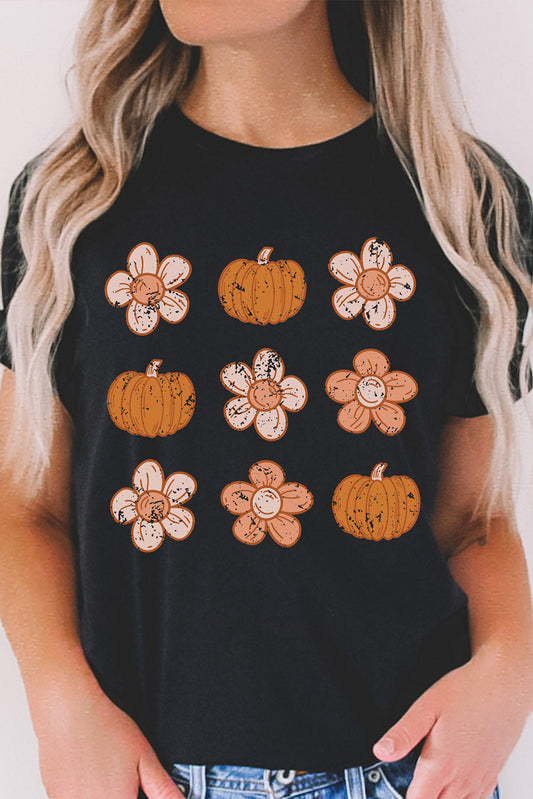 Pumpkin Flower Print Short Sleeve Graphic T Shirt