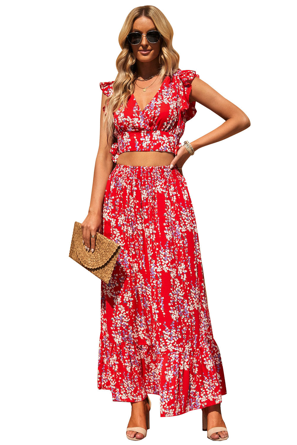 Multicolor Floral Ruffled Crop Top and Maxi Skirt Set