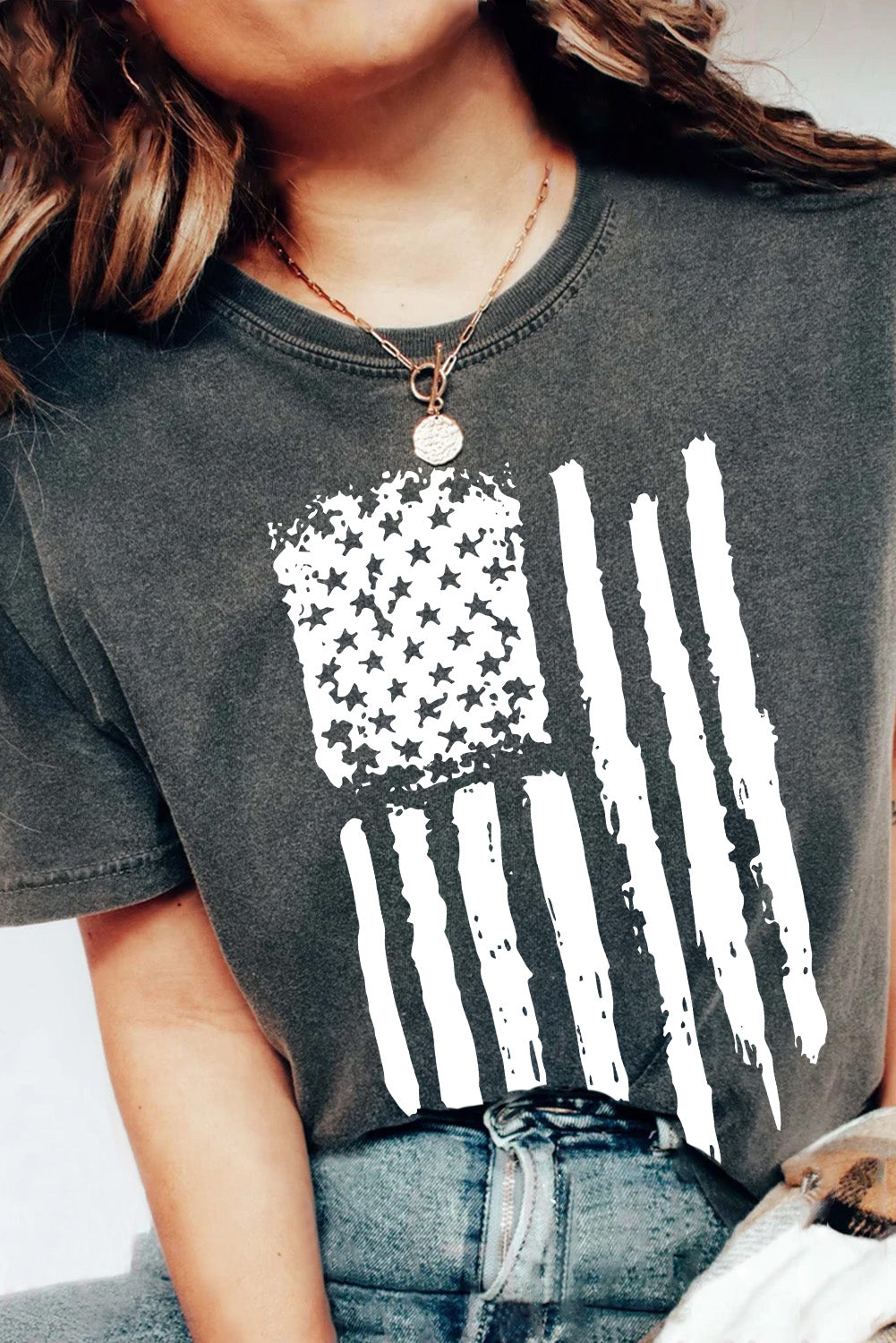 Vintage American Flag Graphic Print Crew Neck Top