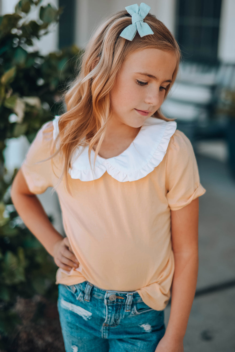 Orange Little Girl Peter Pan Collar Short Sleeve Top