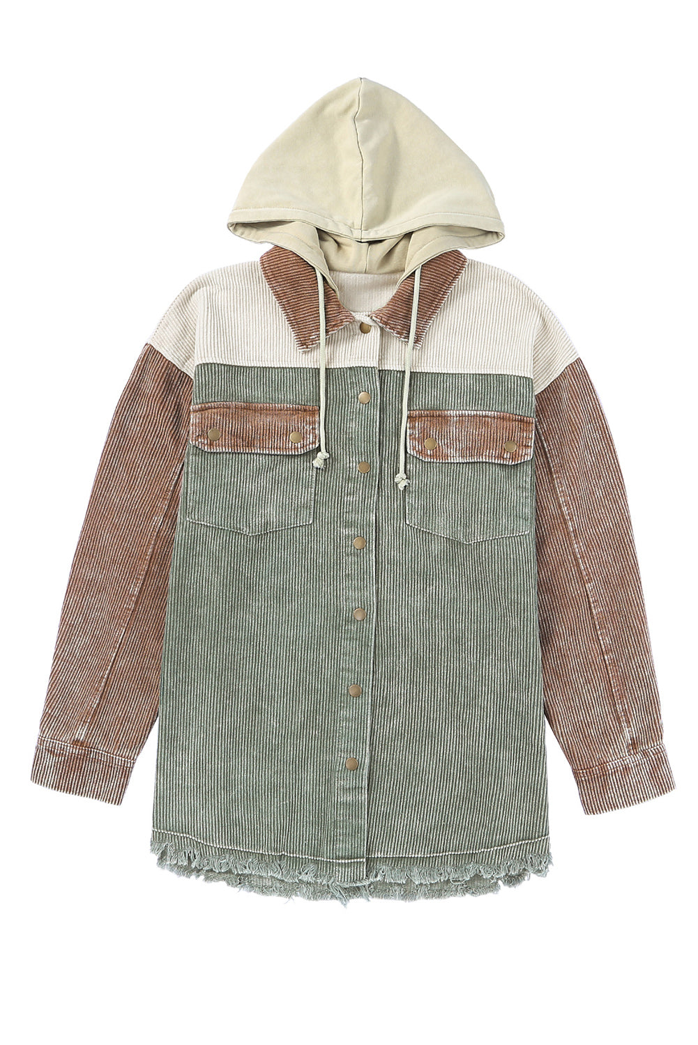 Color Block Button Down Hooded Corduroy Jacket