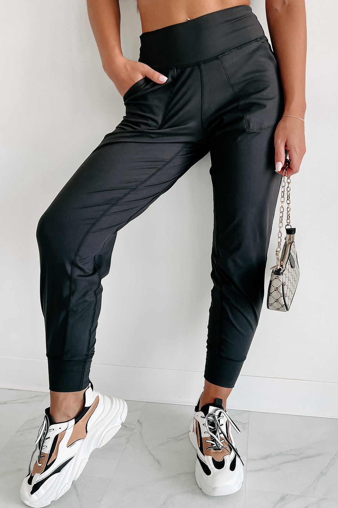 Black Exposed Seam High Waist Pocketed Joggers