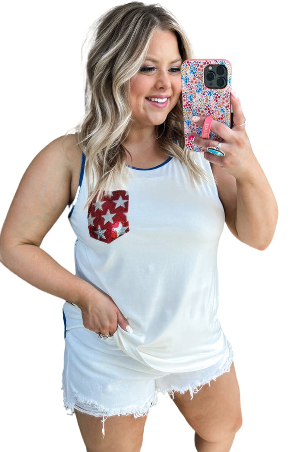 Plus Size Shiny Pocket Flag Star Back Tank Top