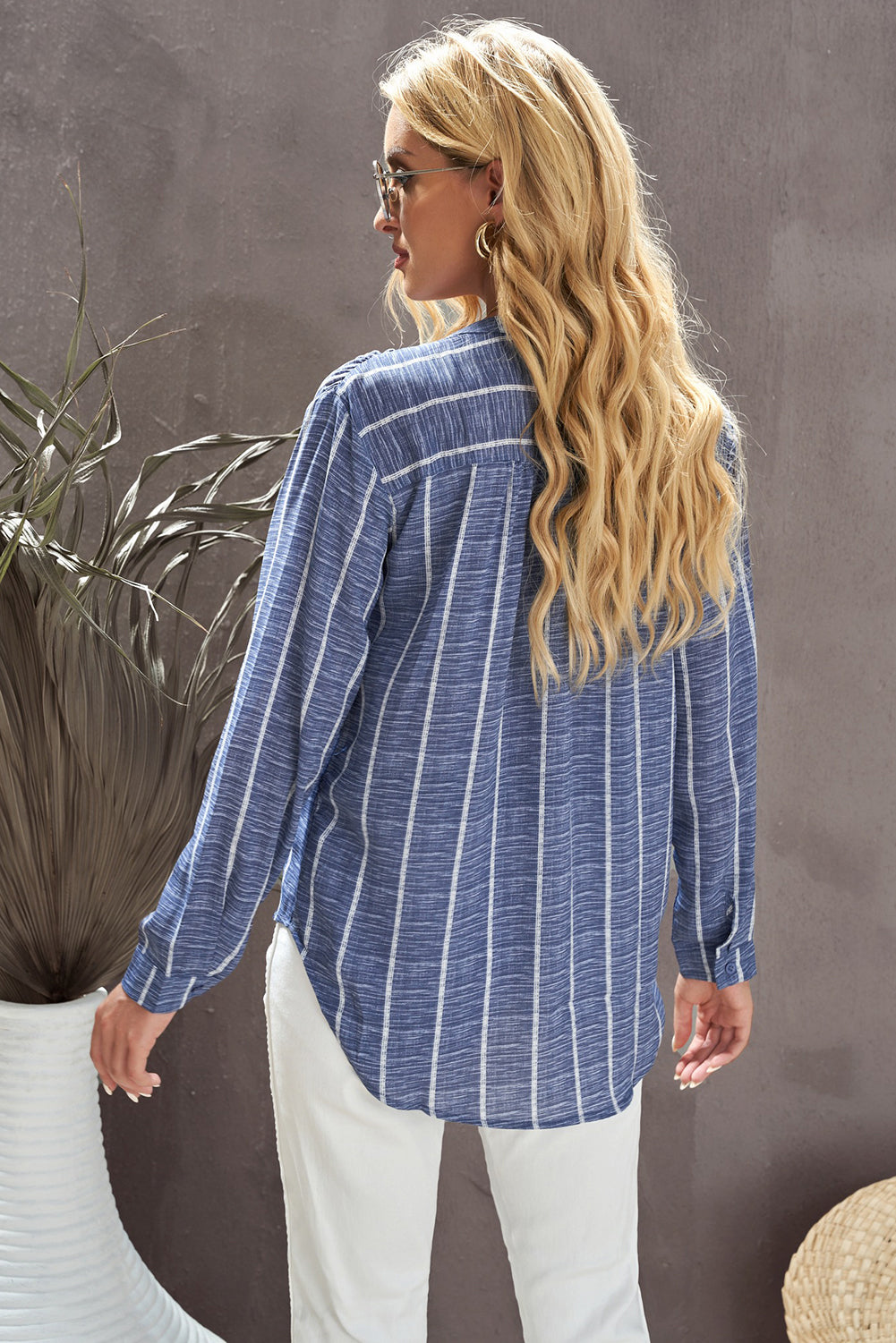 Multicolor Striped V Neck Pocket Long Sleeve Top