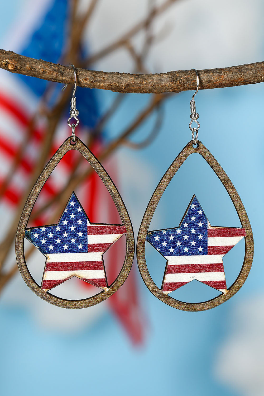 American Flag Star Shape Hollowed Wood Drop Earrings