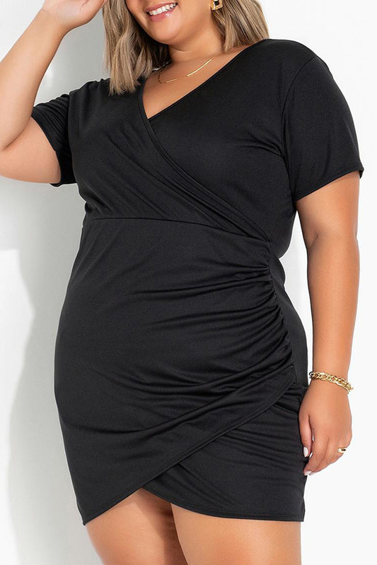 Wrap Ruched Short Sleeves Plus Size Mini Dress