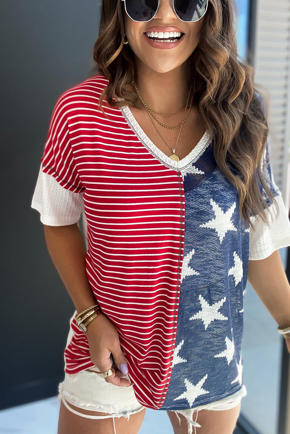 Blue Stripes Stars Print Knit Short Sleeves Top