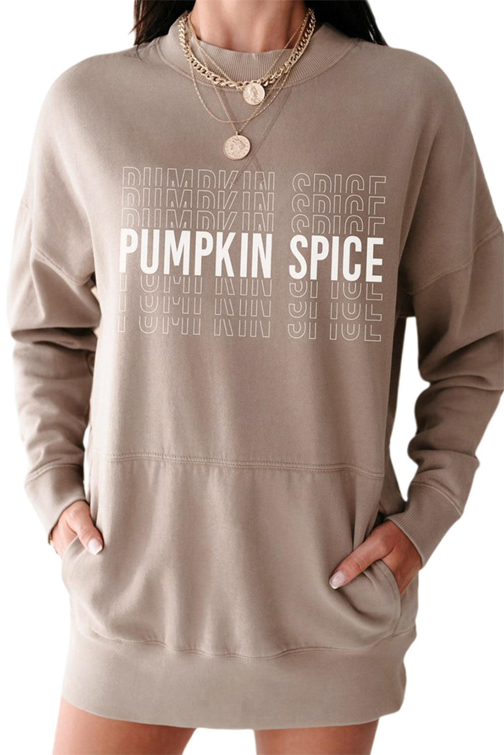 Khaki Pumpkin Spice Print Ribbed Trim Sweatshirt Dress