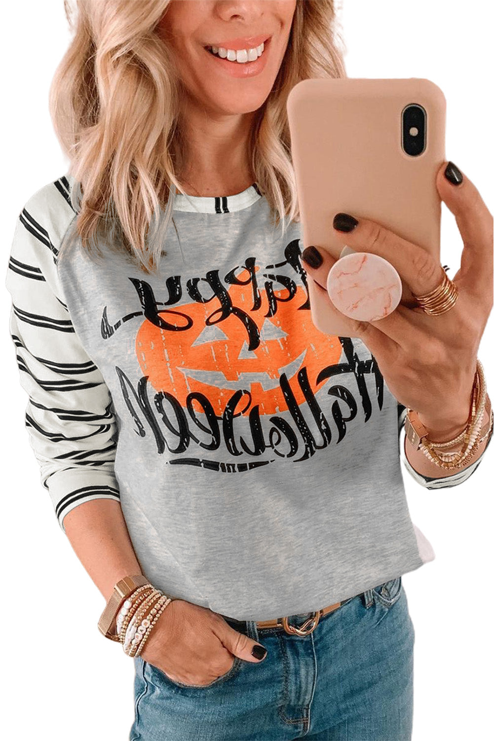 Letter Striped Pumpkin Print Halloween Long Sleeve Blouse