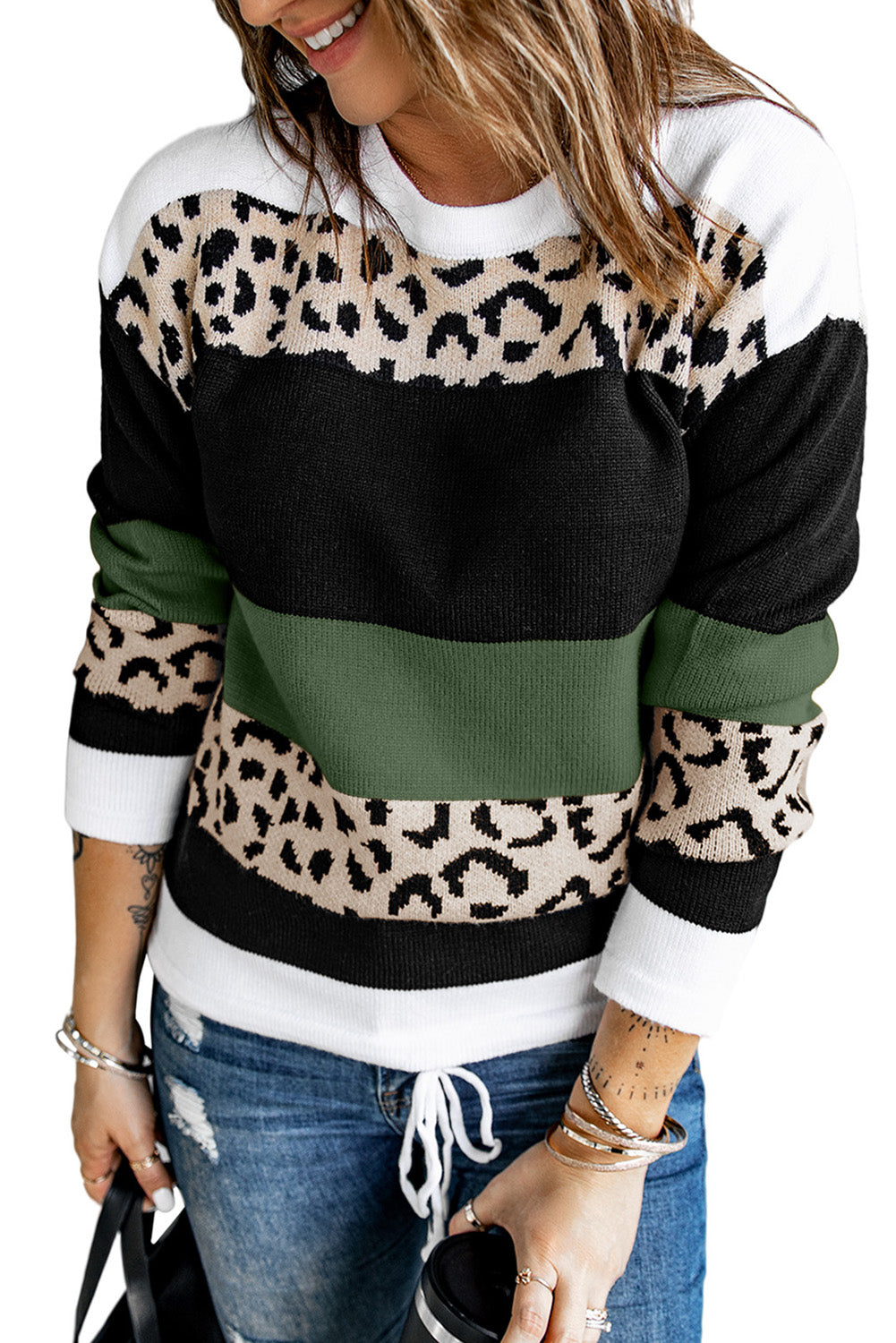 Green Crewneck Leopard Color Block Knit Pullover Sweater