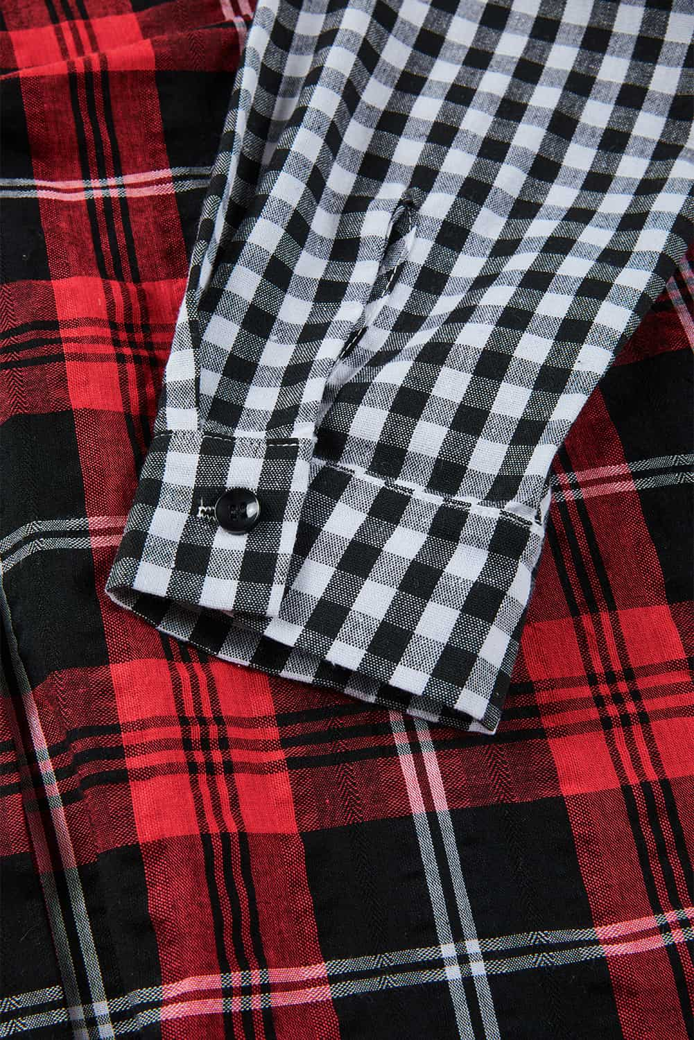 Fiery Red Plaid Splicing Hit Color Pockets Turndown Collar Long Sleeve Shirt