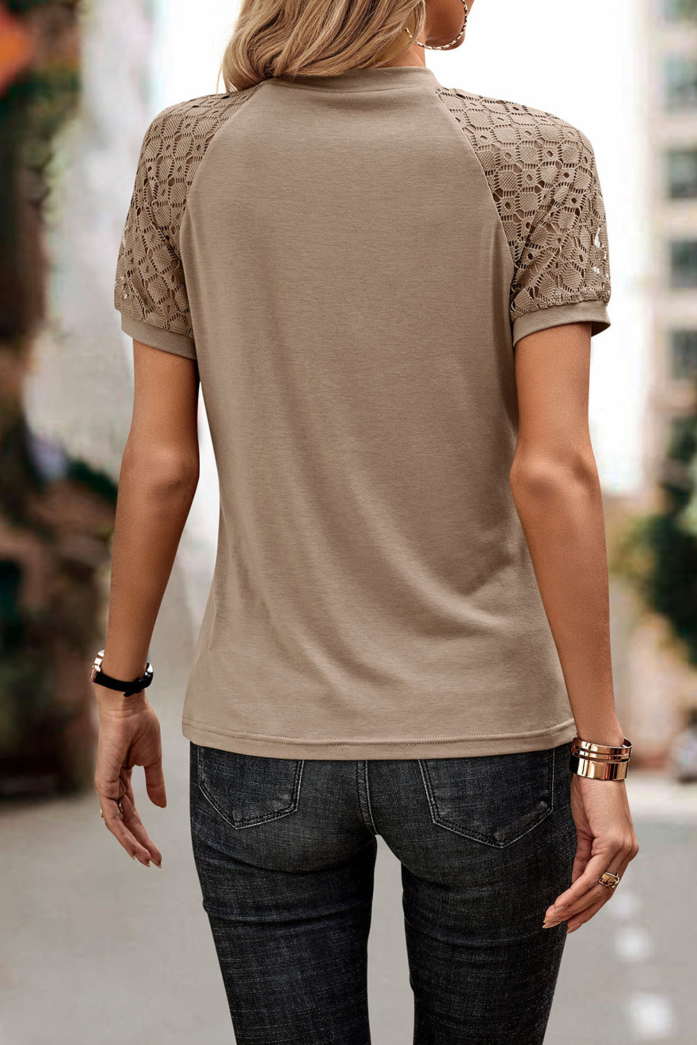 Blackish Green Seamed Detail Contrast Lace Raglan Sleeve Tee