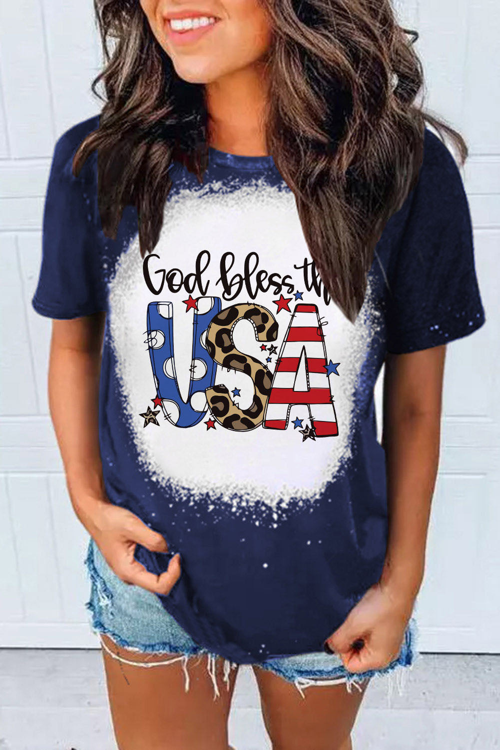 God Bless the USA Print Bleach Short Sleeve T-Shirt