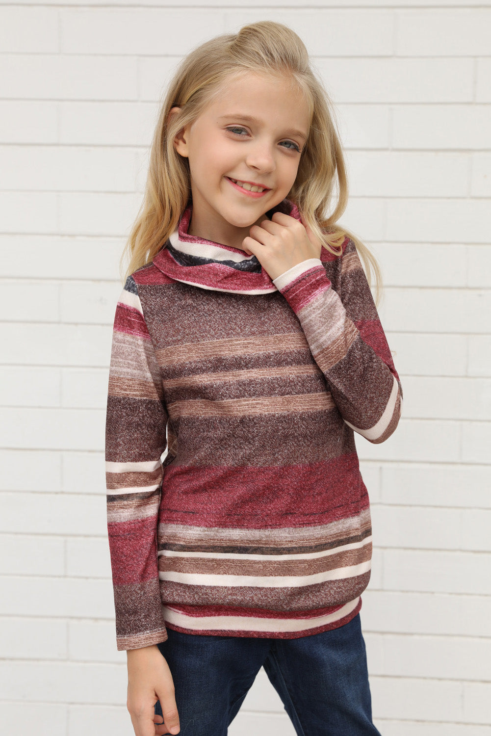 Multicolor Cowl Neck Girl's Striped Sweatshirt