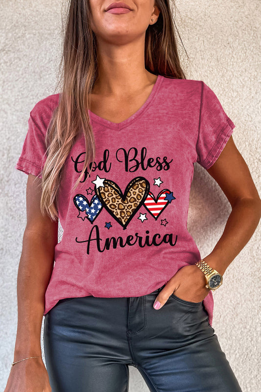 God Bless America Heart Shape Print V Neck T Shirt