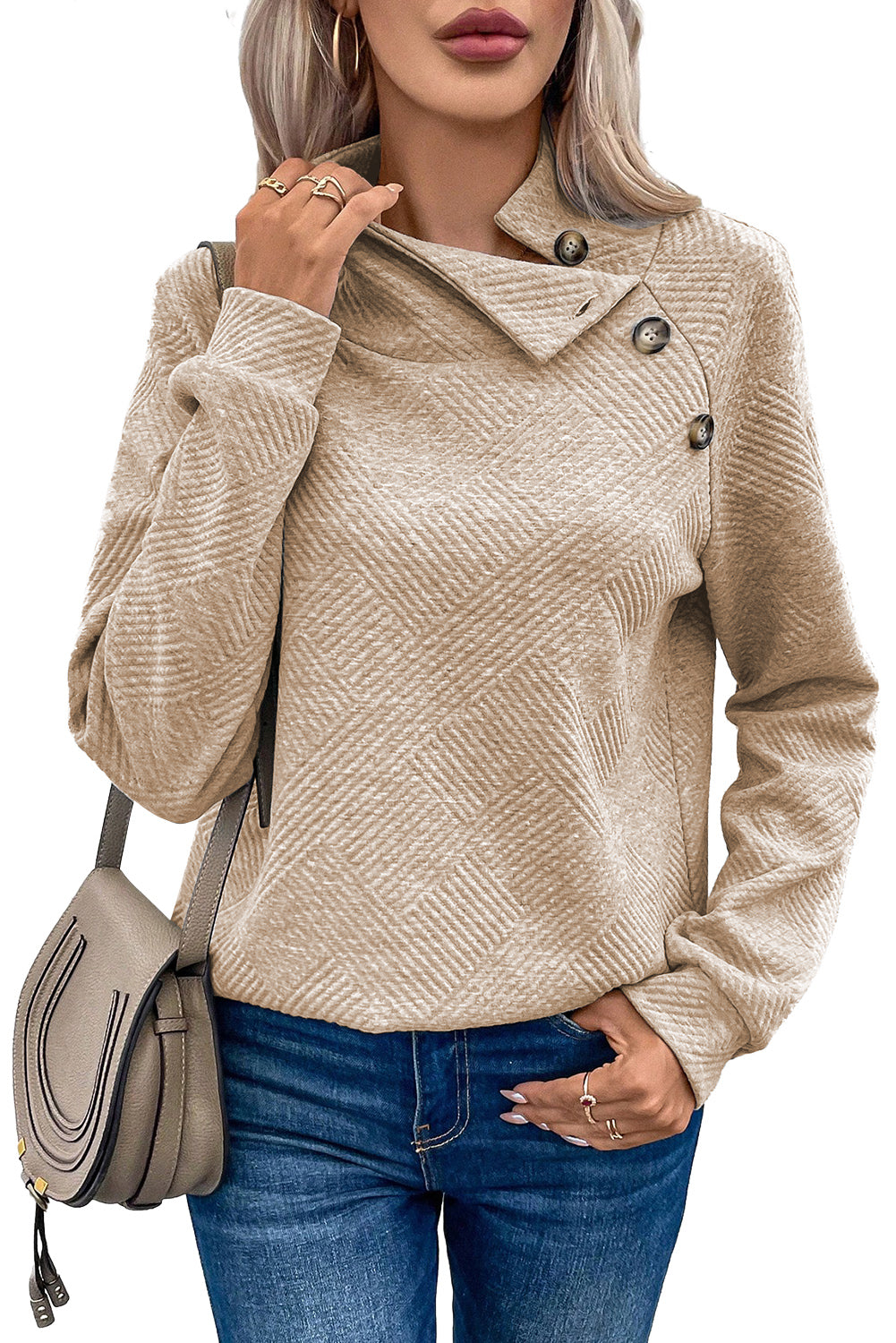 Gray Asymmetric Buttons Detail High Neck Textured Sweatshirt