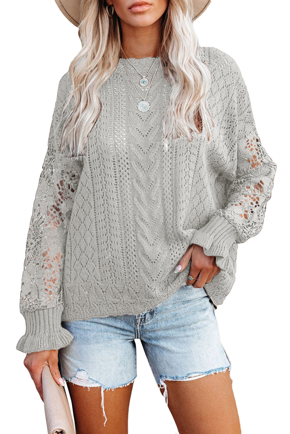 Gray Crochet Lace Pointelle Knit Sweater