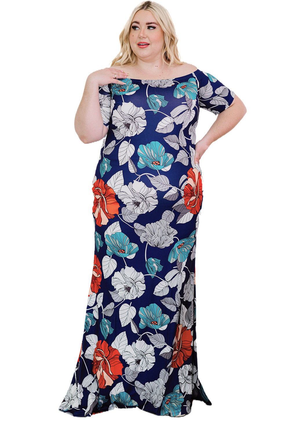 Green Off-the-shoulder Floral Print Plus size Maxi Dress