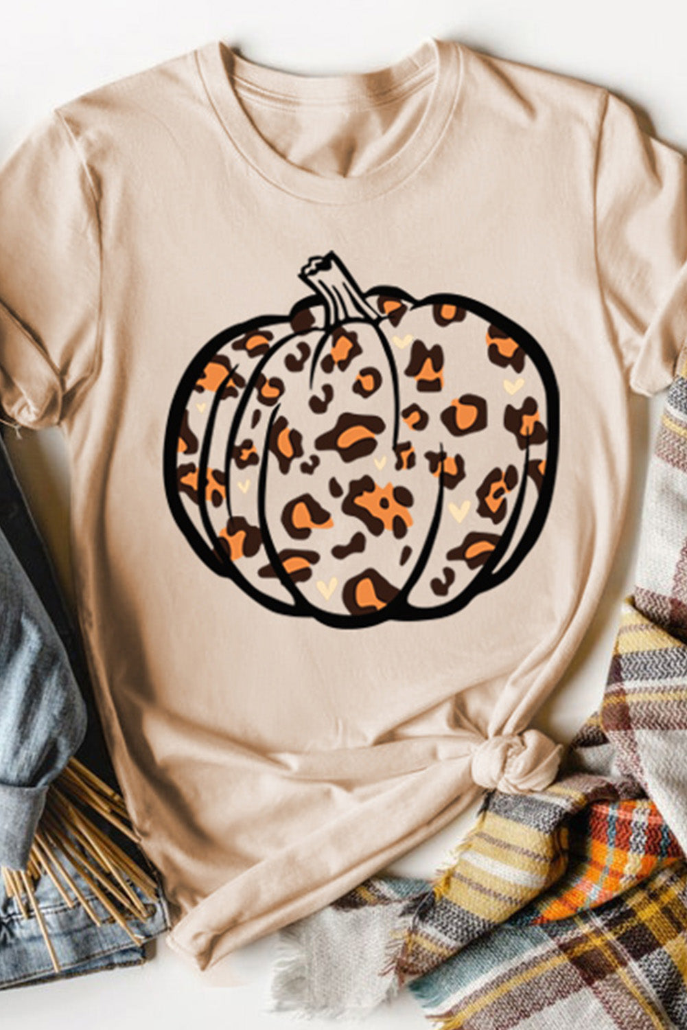 Khaki Pumpkin Leopard Print Short Sleeve Graphic T Shirt