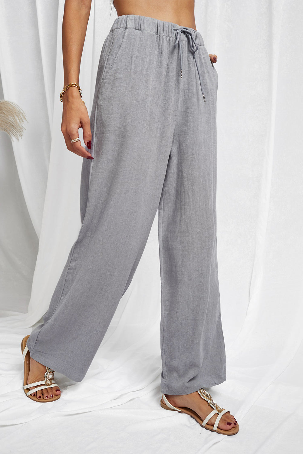 Gray High Waist Drawstring Wide Legs Casual Pants