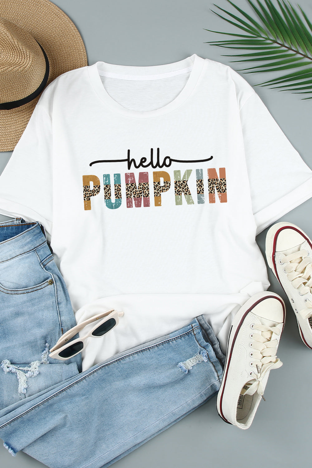 Colorful Pumpkin Leopard Graphic Casual Tee