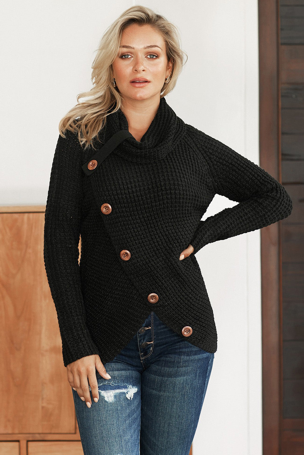 Black Buttoned Wrap Turtleneck Sweater