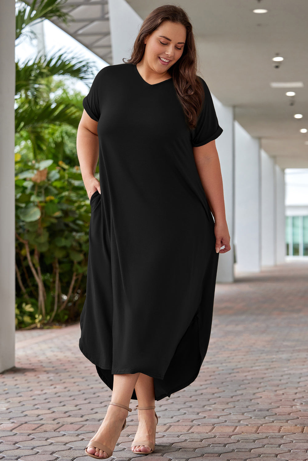 Plus Size V Neck Rolled Cuffs Maxi Dress