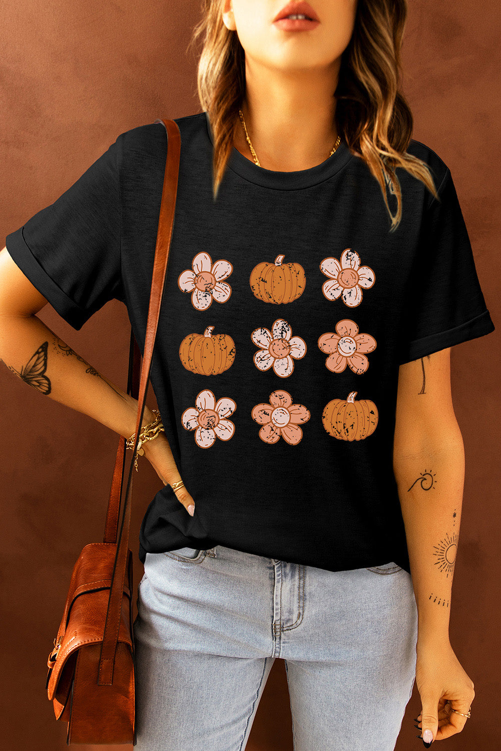 Pumpkin Flower Print Short Sleeve Graphic T Shirt