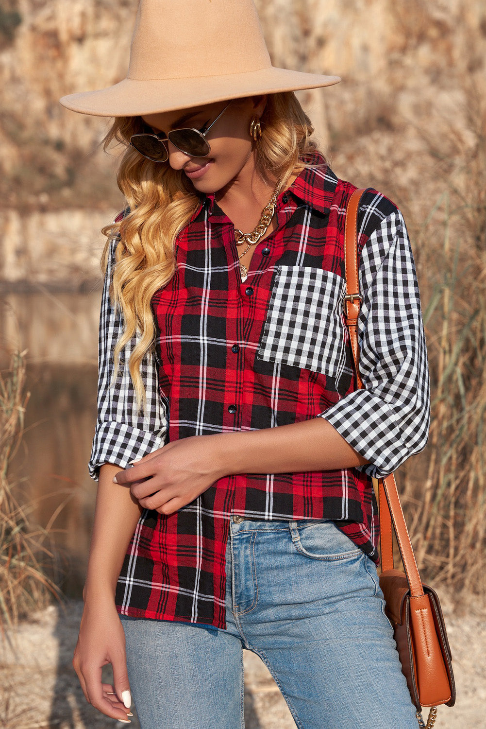 Fiery Red Plaid Splicing Hit Color Pockets Turndown Collar Long Sleeve Shirt